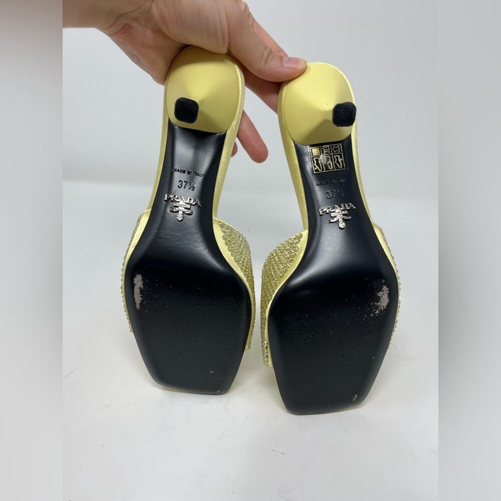 Prada Crystal Embellished Satin Mules Butter Yellow Triangle Logo Open Toe 37.5 - Picture 8 of 9